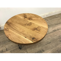 Eiche, runde Tischplatte, verleimt Ø 60cm, Stärke 3 cm mit Fase, mit Hairpin Füßen in schwarz-anthrazit, geölt 